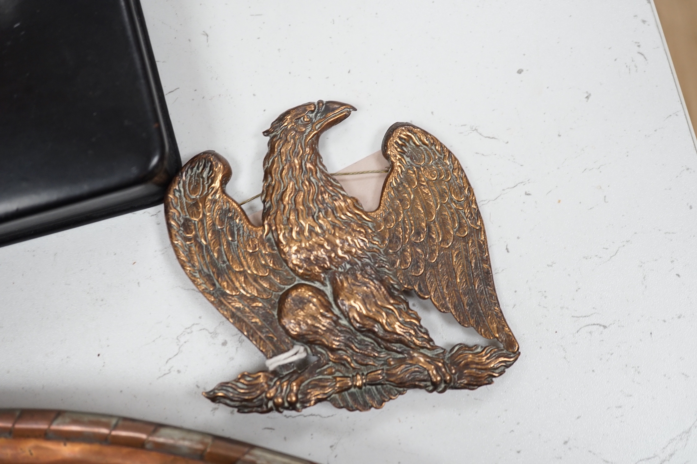 A large oval copper tray, cold-painted spelter parrot and four other items